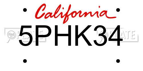 5PHK34 California License Plate
