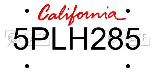 5PLH285 California License Plate