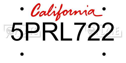 5PRL722 California License Plate