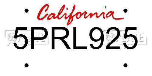 5PRL925 California License Plate