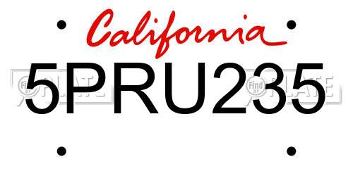 5PRU235 California License Plate