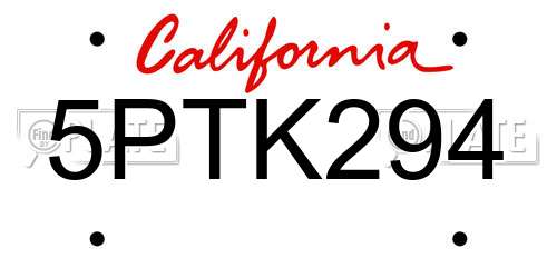 5PTK294 California License Plate