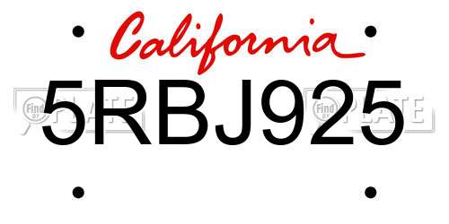 5RBJ925 California License Plate