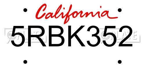 5RBK352 California License Plate