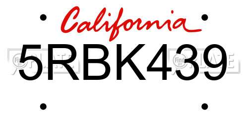 5RBK439 California License Plate