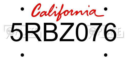 5RBZ076 California License Plate