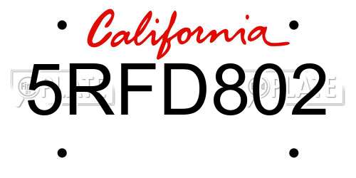 5RFD802 California License Plate