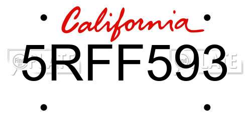 5RFF593 California License Plate