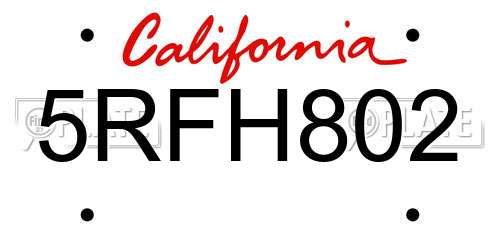 5RFH802 California License Plate