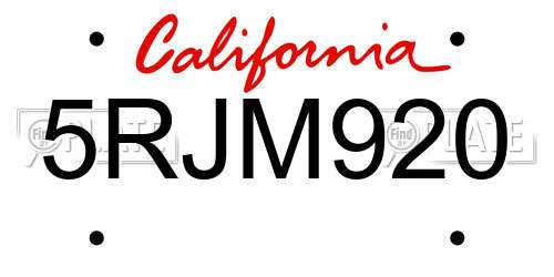 5RJM920 California License Plate