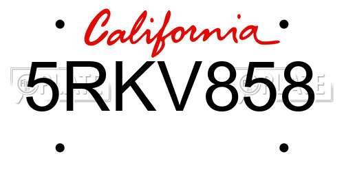 5RKV858 California License Plate