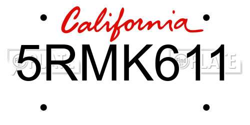 5RMK611 California License Plate