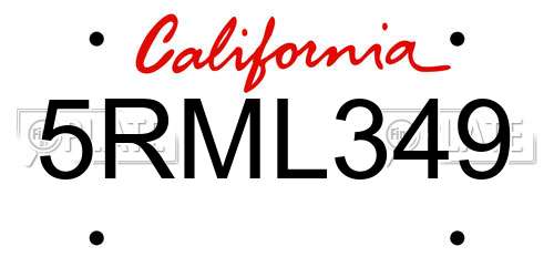 5RML349 California License Plate