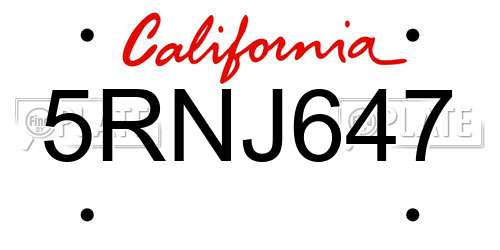 5RNJ647 California License Plate