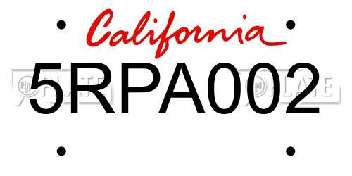5RPA002 California License Plate