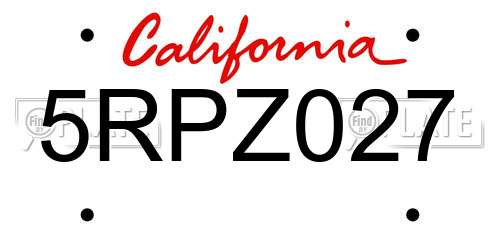 5RPZ027 California License Plate