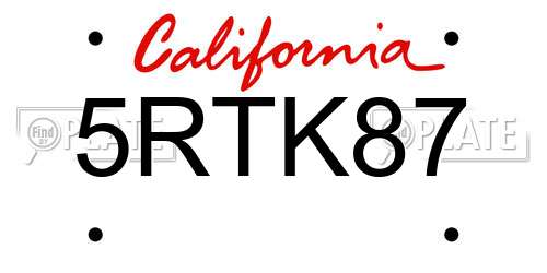 5RTK87 California License Plate