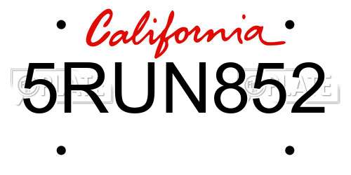 5RUN852 California License Plate