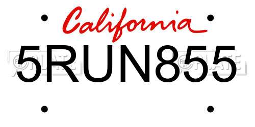 5RUN855 California License Plate