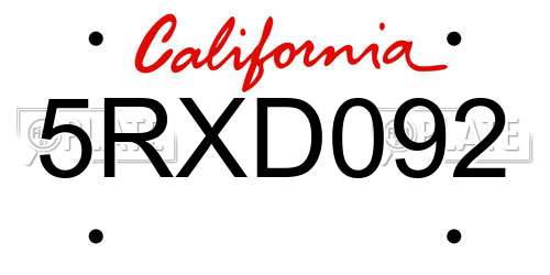 5RXD092 California License Plate