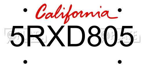 5RXD805 California License Plate