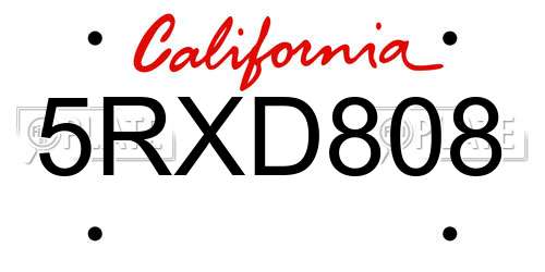 5RXD808 California License Plate