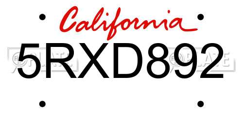 5RXD892 California License Plate