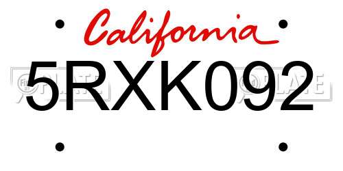 5RXK092 California License Plate