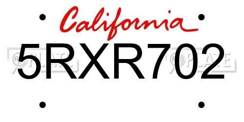 5RXR702 California License Plate