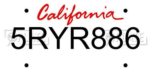 5RYR886 California License Plate
