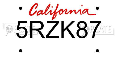 5RZK87 California License Plate