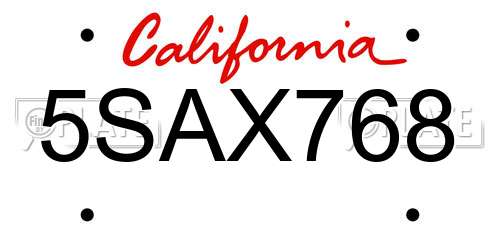 5SAX768 California License Plate