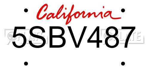5SBV487 California License Plate