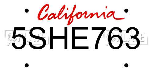 5SHE763 California License Plate