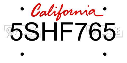 5SHF765 California License Plate