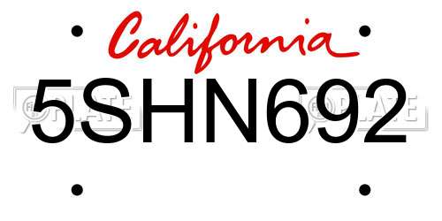 5SHN692 California License Plate
