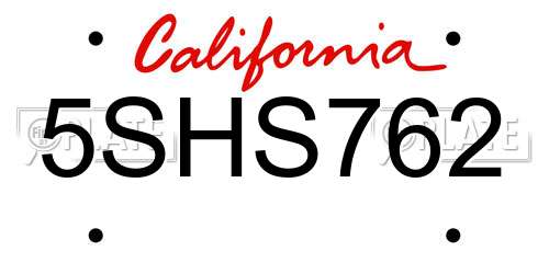 5SHS762 California License Plate