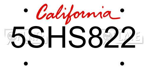 5SHS822 California License Plate