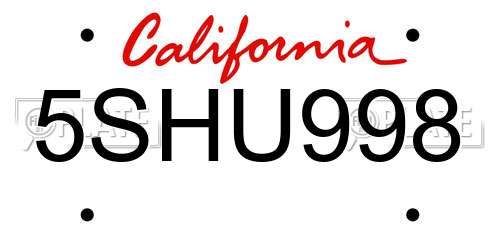 5SHU998 California License Plate