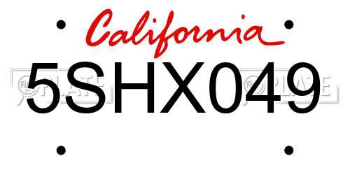 5SHX049 California License Plate