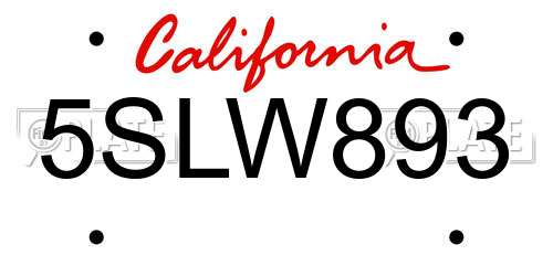 5SLW893 California License Plate