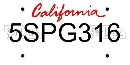 5SPG316 California License Plate