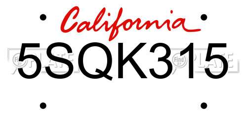 5SQK315 California License Plate