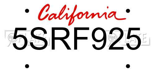 5SRF925 California License Plate