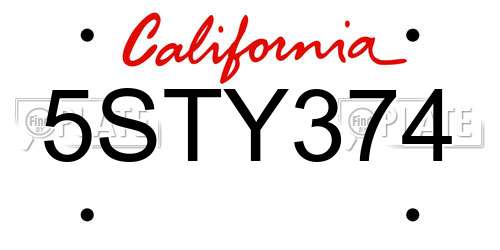 5STY374 California License Plate