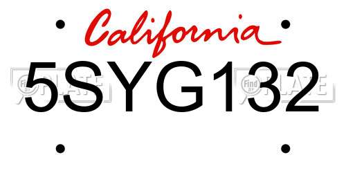 5SYG132 California License Plate