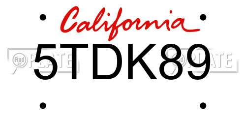 5TDK89 California License Plate