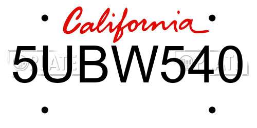 5UBW540 California License Plate