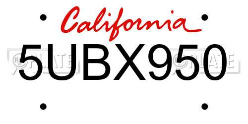 5UBX950 California License Plate