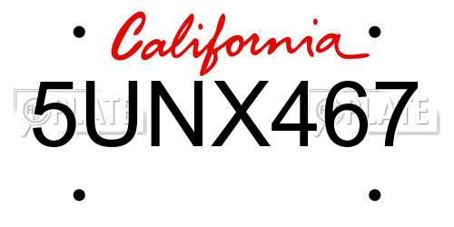 5UNX467 California License Plate